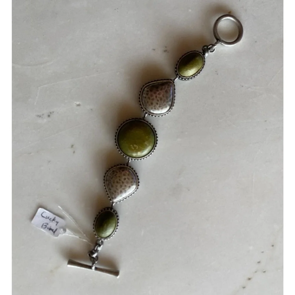 LUCKY BRAND Vintge Reversible Silver Tone Link Bracelet Toggle 8” Green Stones